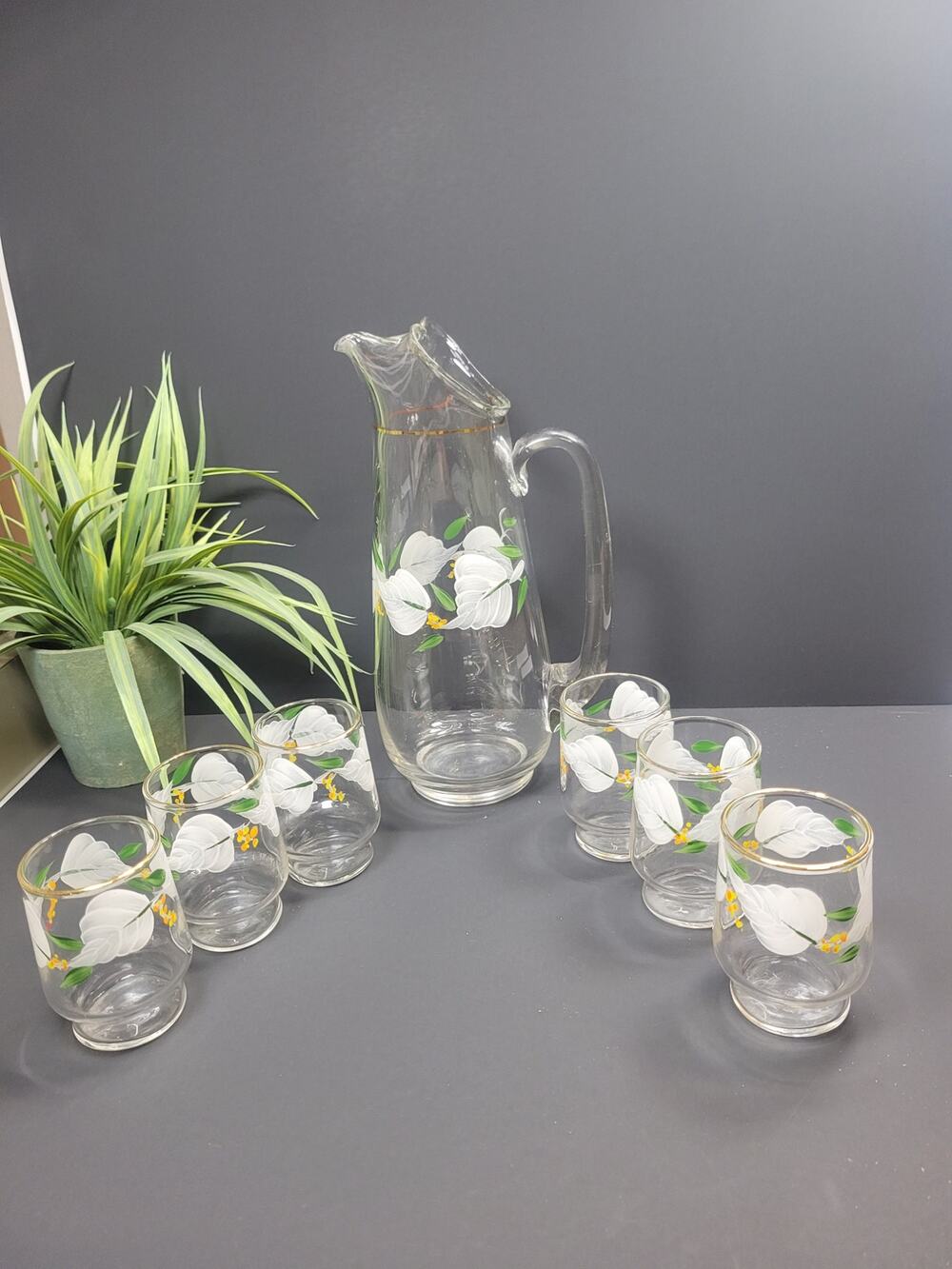 Vintage Federal Glass Pitcher and 6 Juices Glasses Set, Hand Painted